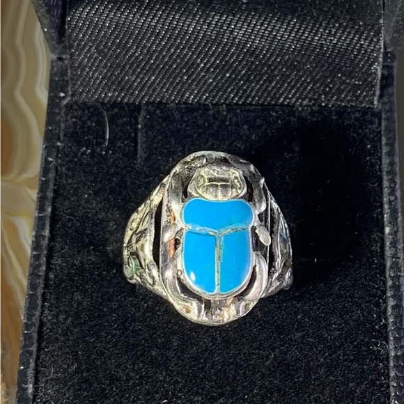 Vintage Jewelry - Vintage sterling silver turquoise egyptian scarab beetle unisex ring